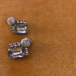 Vintage Blue Square Rhinestone SilverTone Earrings